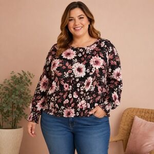 Love Story Floral Peasant Top Women's 1X Plus Coquette Cottagecore Romantic Goth